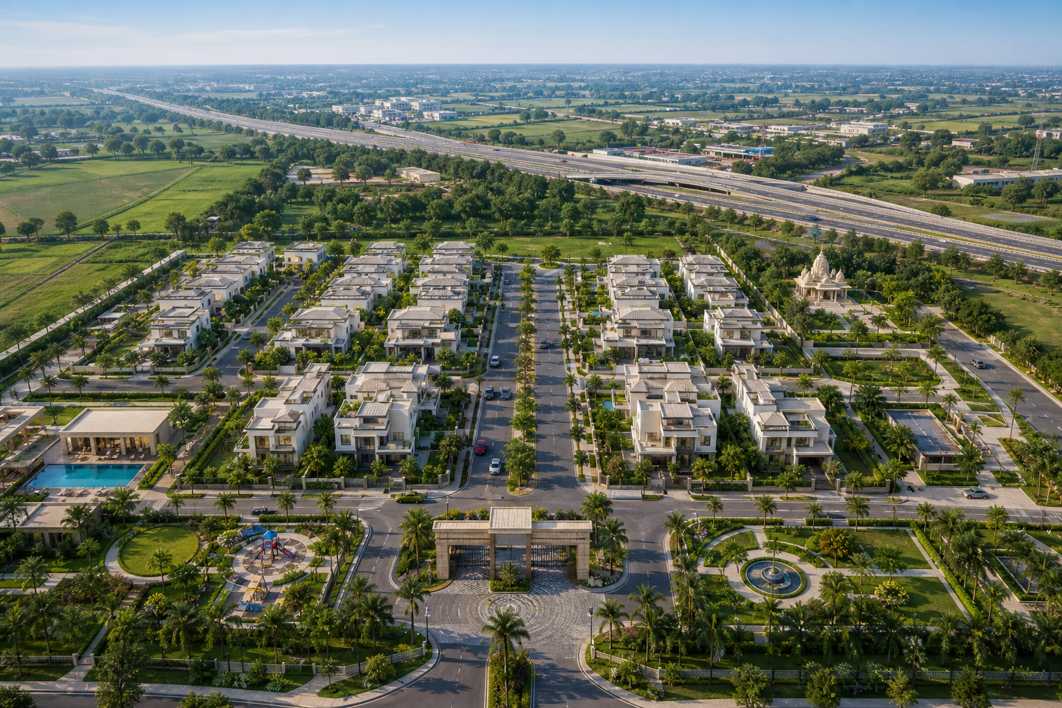 Bharat Emerald Villas gated duplex community aerial view near Yamuna Expressway