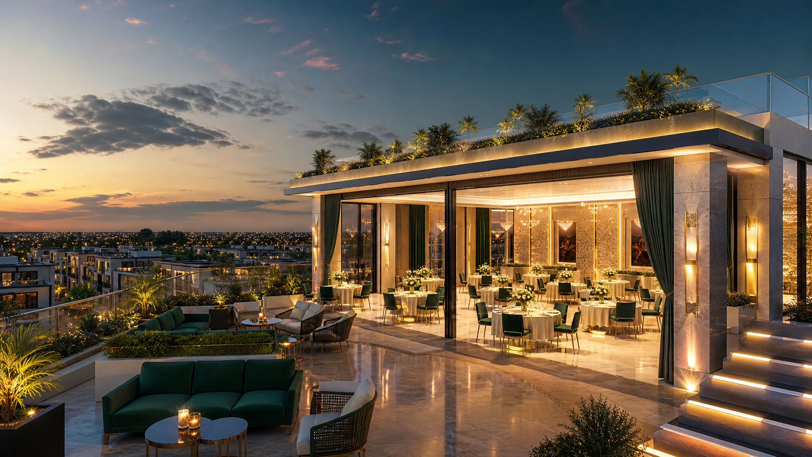 Skyline banquet hall on clubhouse rooftop at Bharat Emerald Villas